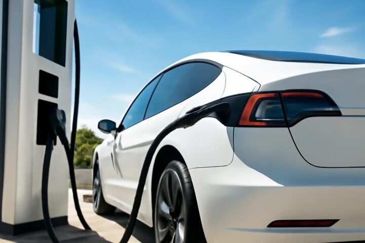 Nabíjanie elektromobilu na rýchlonabíjacej stanici v lete