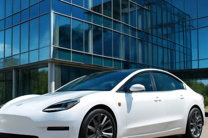 Elektromobil ako firemné auto pred kancelárskou budovou