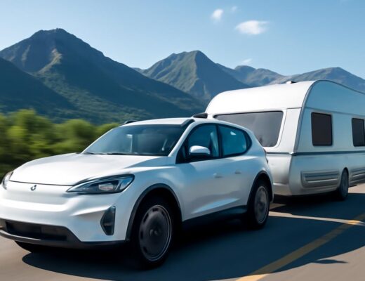 Elektromobil ťahajúci karavan na letnej diaľnici