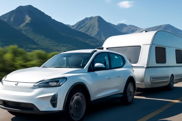 Elektromobil ťahajúci karavan na letnej diaľnici
