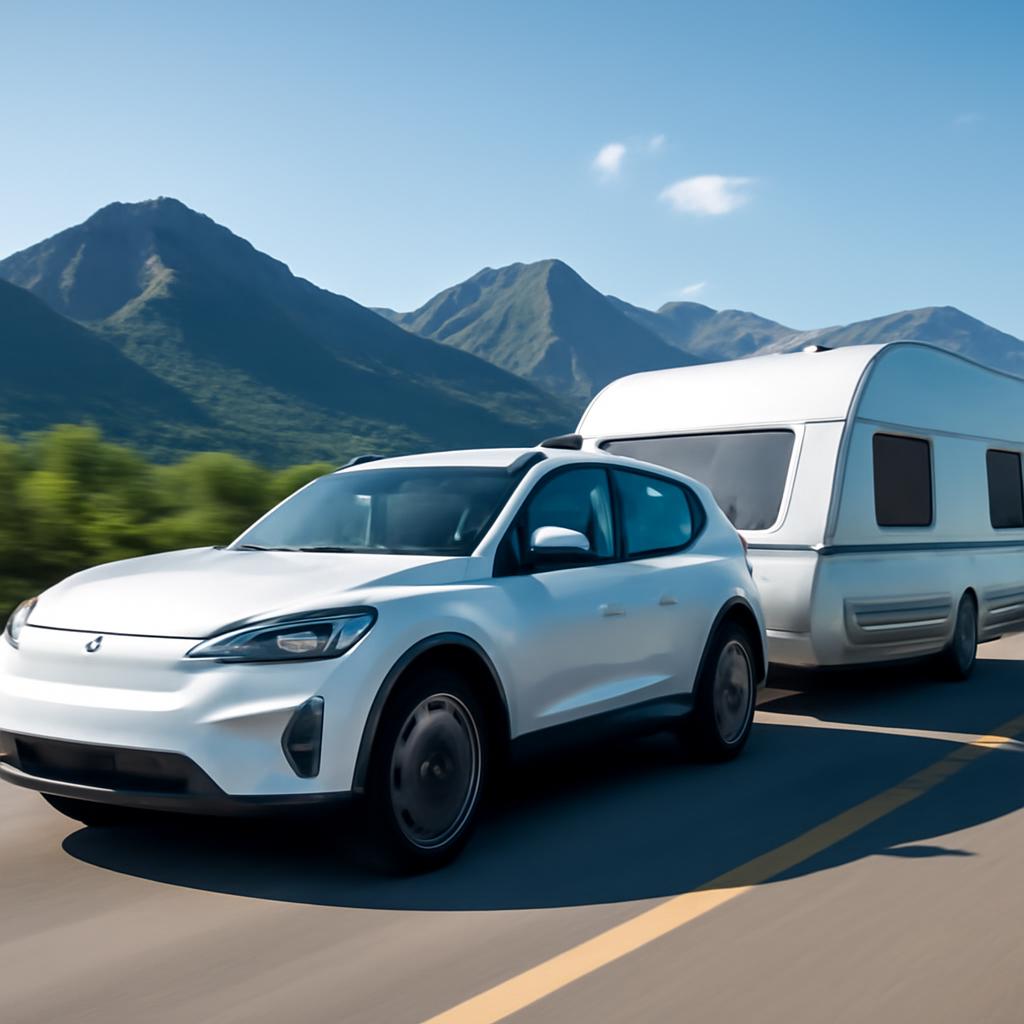 Elektromobil ťahajúci karavan na letnej diaľnici
