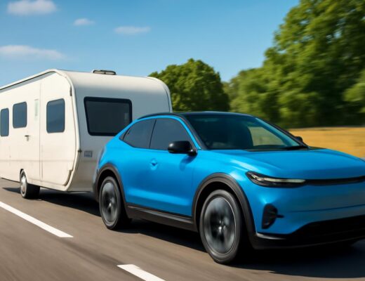 Elektromobil s ťažným zariadením ťahá karavan