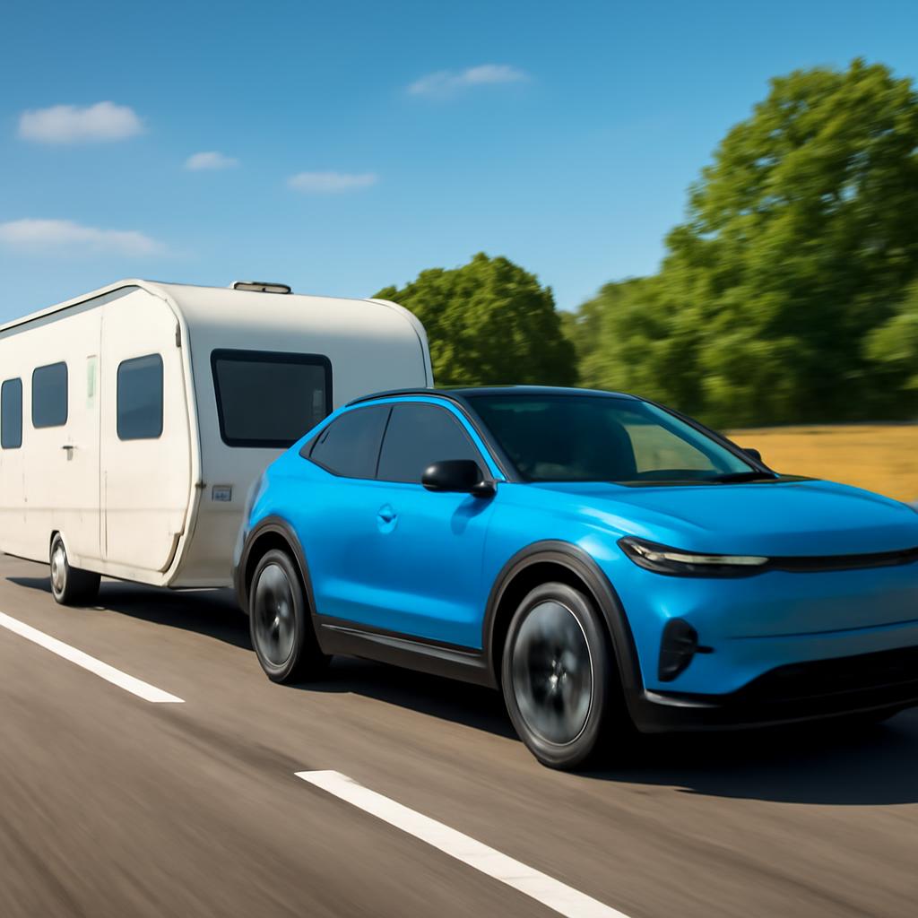 Elektromobil s ťažným zariadením ťahá karavan