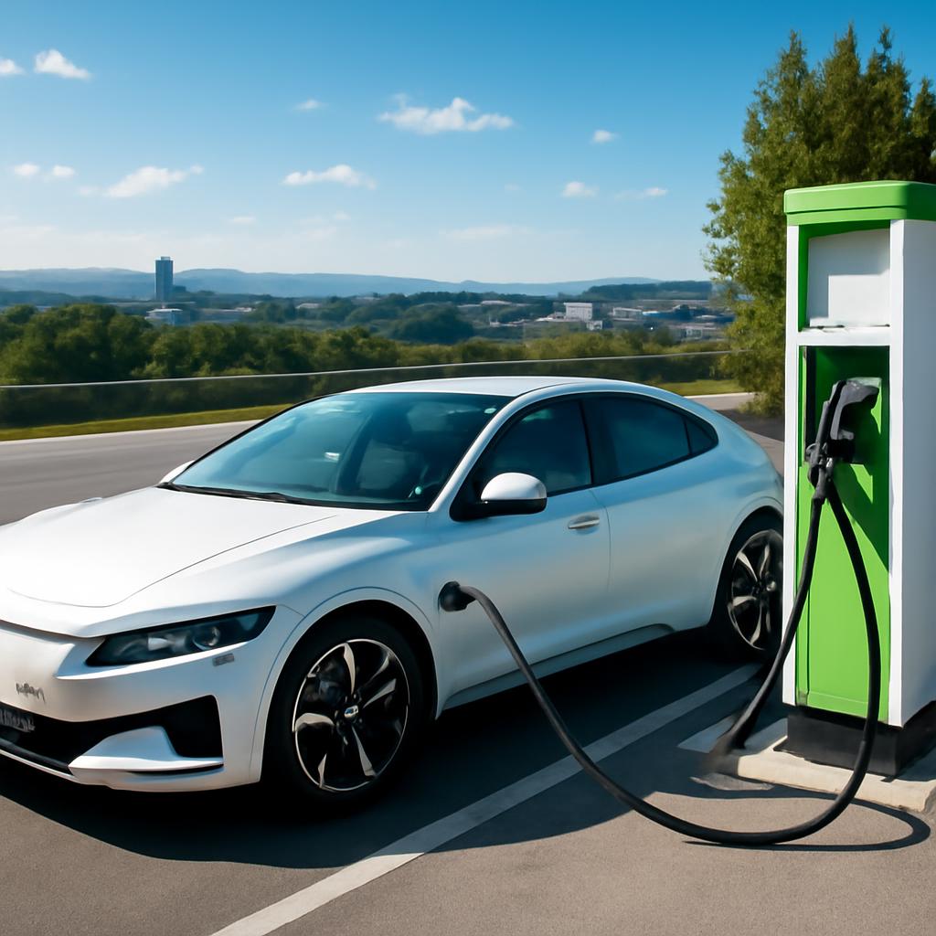 Elektromobil na nabíjacej stanici pri diaľnici na trase Bratislava – Viedeň