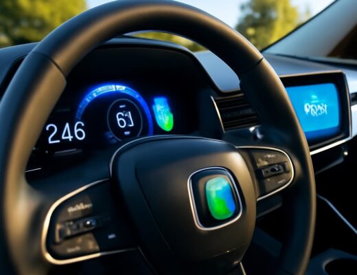 Prístrojový panel elektromobilu zobrazujúci dojazd a stav batérie – parametre kWh, kW, WLTP