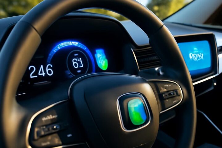 Prístrojový panel elektromobilu zobrazujúci dojazd a stav batérie – parametre kWh, kW, WLTP
