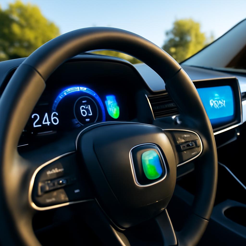 Prístrojový panel elektromobilu zobrazujúci dojazd a stav batérie – parametre kWh, kW, WLTP