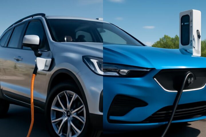 Plug-in hybrid a elektromobil pri nabíjacej stanici – porovnanie 2026