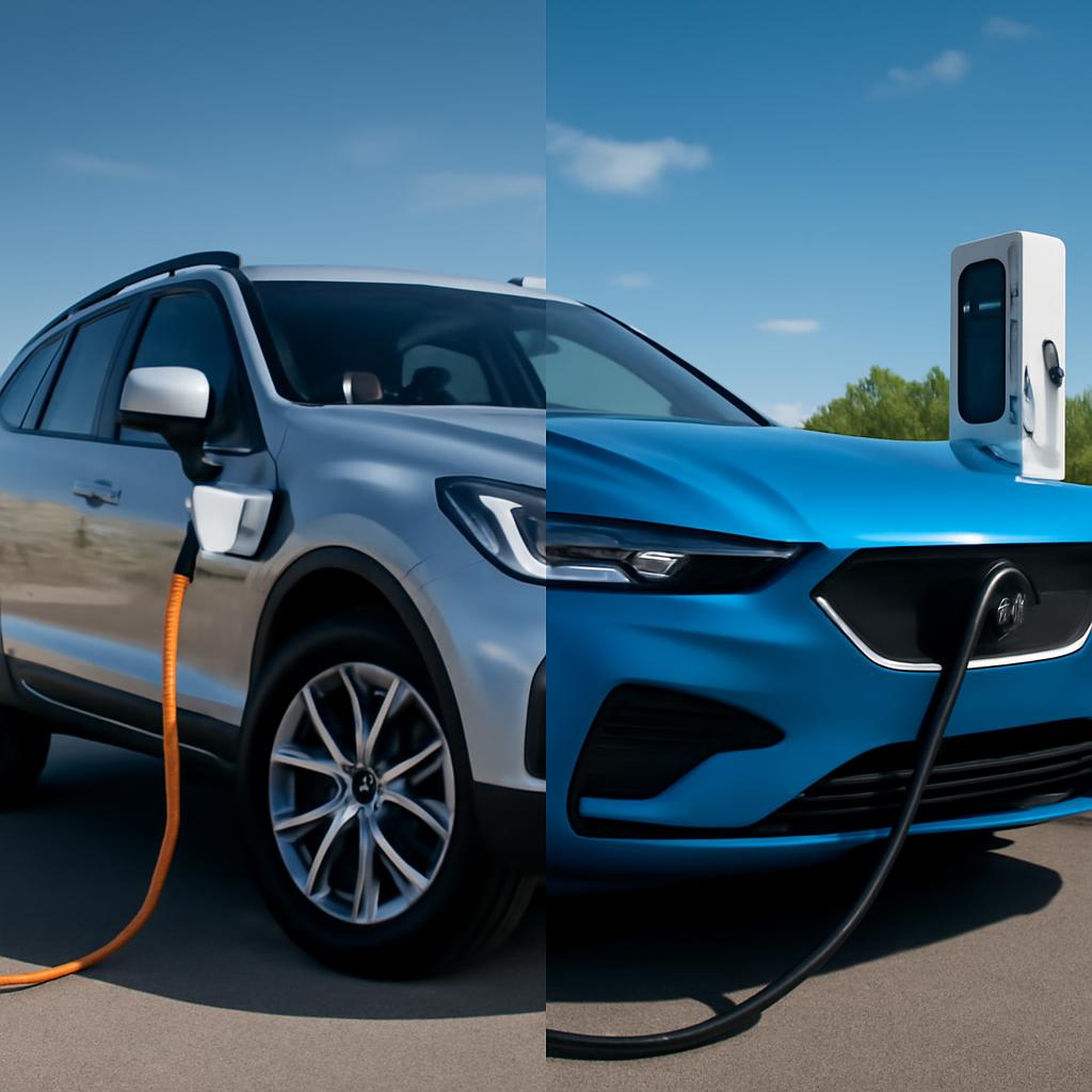 Plug-in hybrid a elektromobil pri nabíjacej stanici – porovnanie 2026