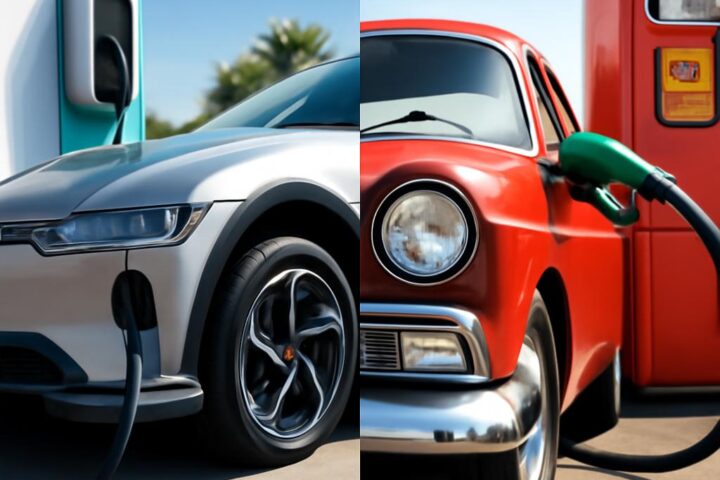 Porovnanie nákladov: elektromobil pri nabíjacej stanici a benzínové auto pri čerpacej stanici