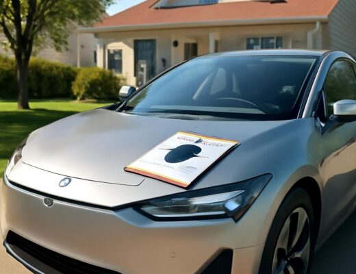 Poistenie elektromobilu – elektromobil pred rodinným domom s dokumentmi poistenia