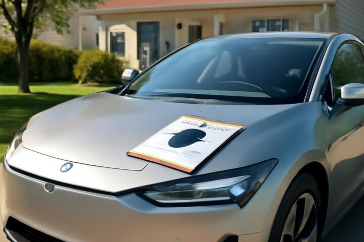 Poistenie elektromobilu – elektromobil pred rodinným domom s dokumentmi poistenia