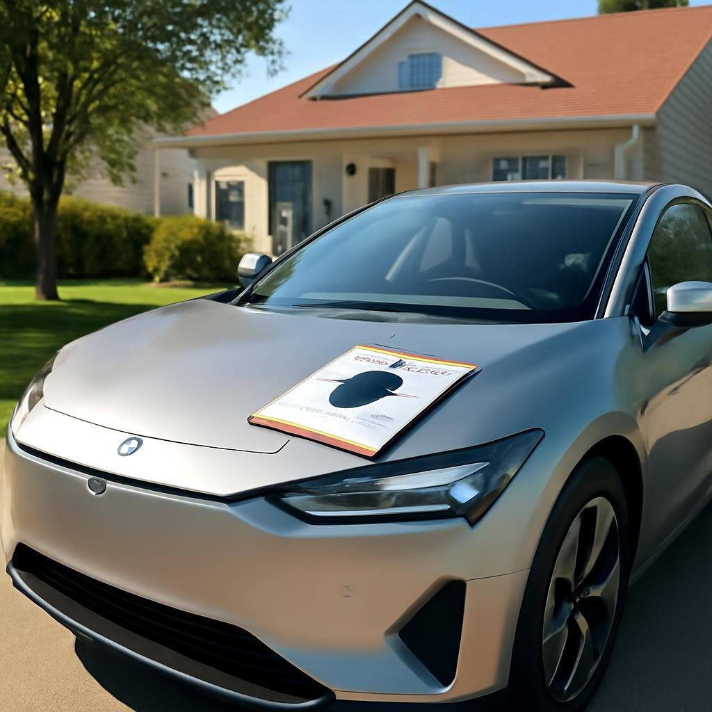 Poistenie elektromobilu – elektromobil pred rodinným domom s dokumentmi poistenia