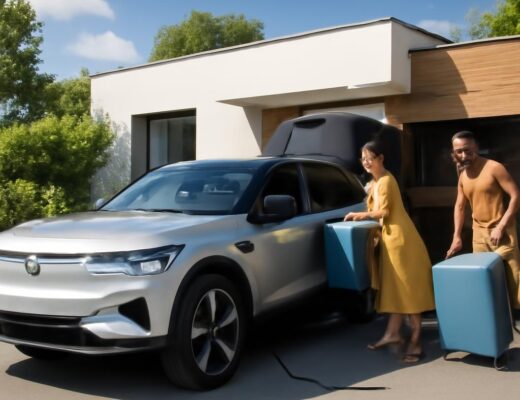 Rodinný elektromobil 2026 – rodina nakladá batožinu do elektrického SUV
