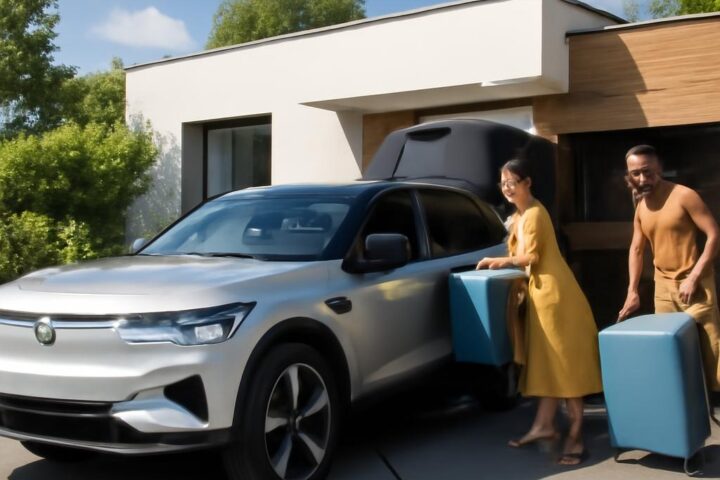 Rodinný elektromobil 2026 – rodina nakladá batožinu do elektrického SUV