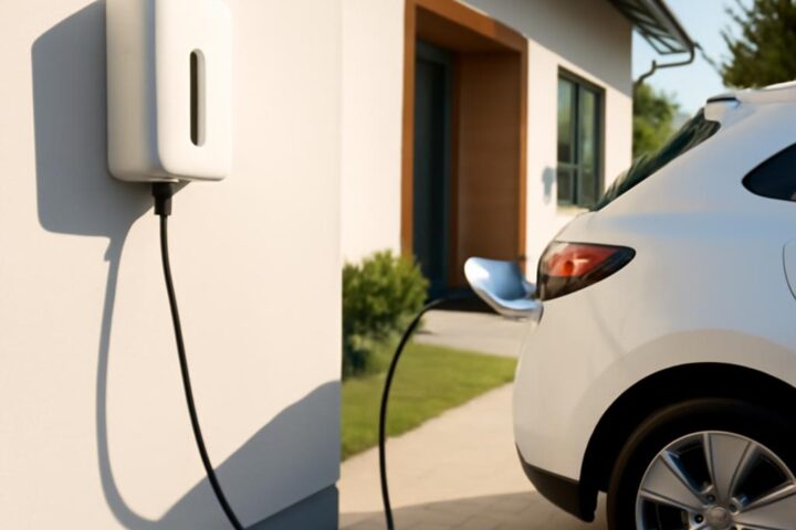 Wallbox na stene rodinného domu pri nabíjaní elektromobilu