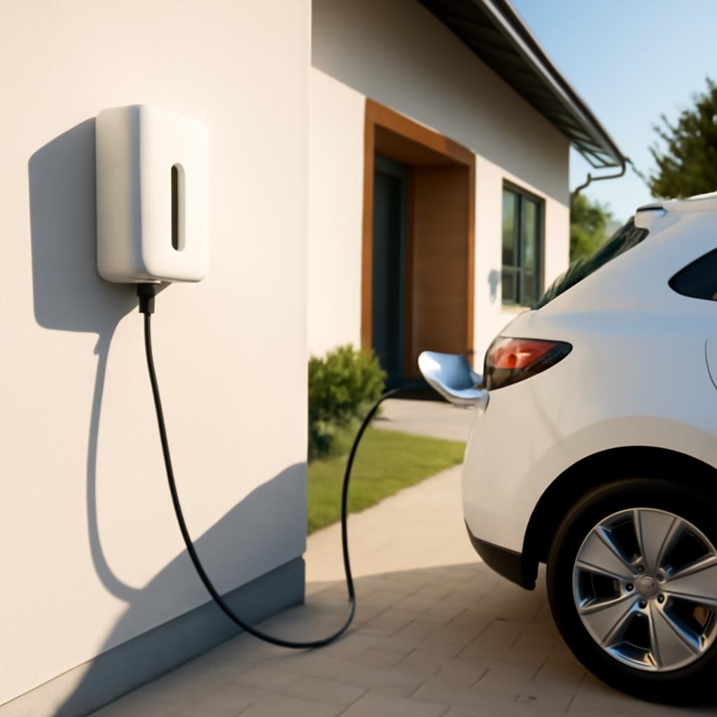Wallbox na stene rodinného domu pri nabíjaní elektromobilu